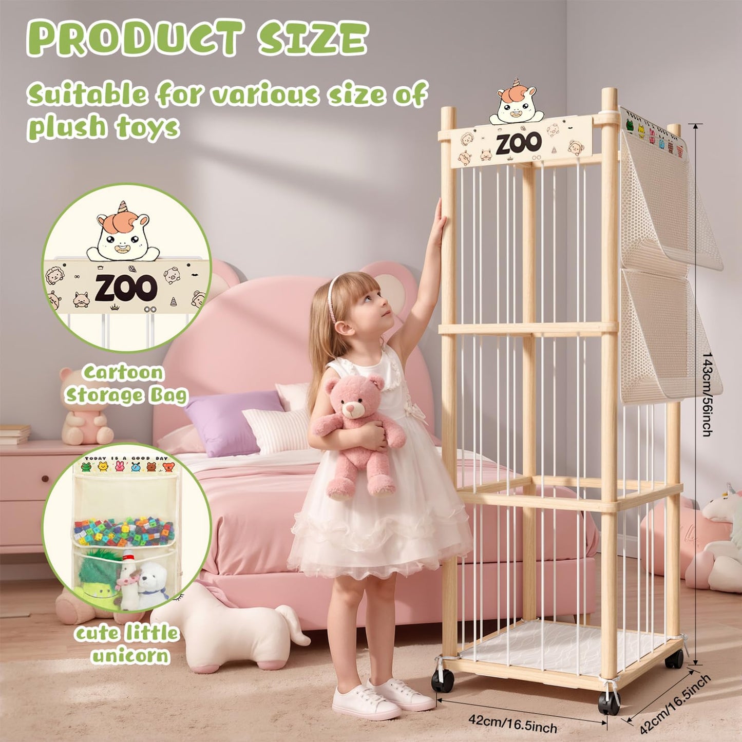 Nynicorny Stuffed Animal Storage Zoo Tower, Wooden Toy Organizer with Wheels, 56inch Large Cute Stuffy Holder & Plushie Storage Bag, Premium Wooden Material For Toddler Rooms, Playrooms & Bedrooms
