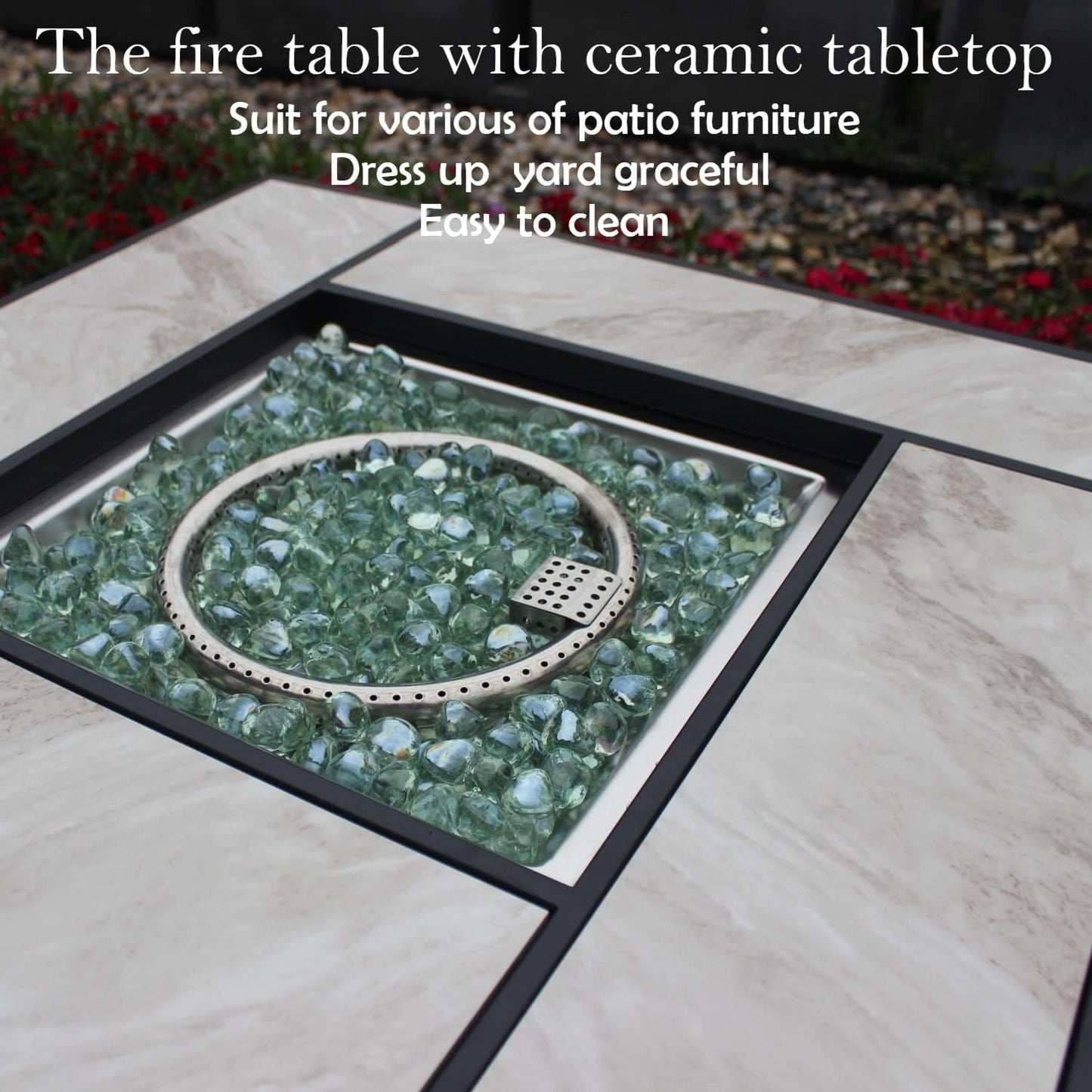 OutVue 30" Propane Fire Pit with Real Ceramic Tabletop, 50000 BTU Gas Firepit Table with Lid & Glass Rock, Outdoor Fire Pit for Dining or Party, Firepit for Outside, Patio, Garden, Yard