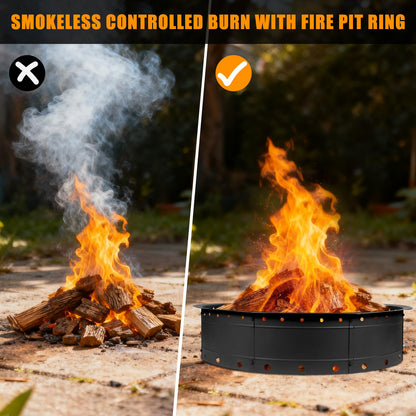 Zzuvjoy 36 Inch Fire Pit Ring, Large Outdoor Campfire Pit for Patio Backyard Garden, Smokeless Steel Firepit with Air Vent for Efficient Burning & Anti-Rust Coating, Black Steel