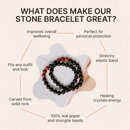 Karelian Heritage Black Shungite Beaded Bracelet, 8mm Handmade Stretchy Unisex, Crystal Healing Authentic Stone, Spiritual Chakra Balance Jewelry (Shungite & Red Jasper)