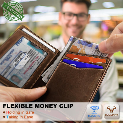 BULLIANT Men Wallet,Top Grain Leather Slim Wallet Magnetic Closure Simplifed Bill Folder RFID Blocking 11Cards
