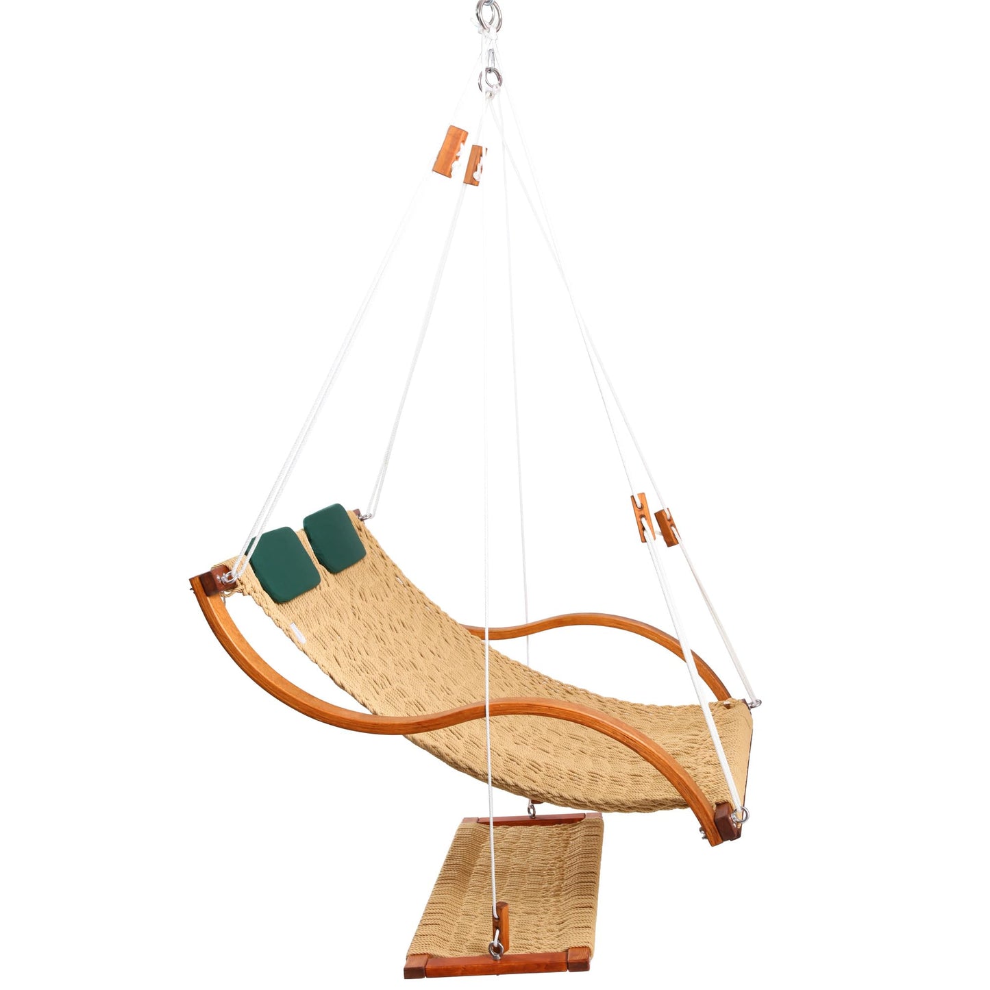 SANIWERKE® Porch Swing for 2, Double Hammock Swing with Footrest & S-Armrest, Adjustable Hanging, Durable Rope Net&Thick Wood, 650LBS, 50" Wide, Luxe Reclining Duo Swing for Patio Porch(Soft Tan)