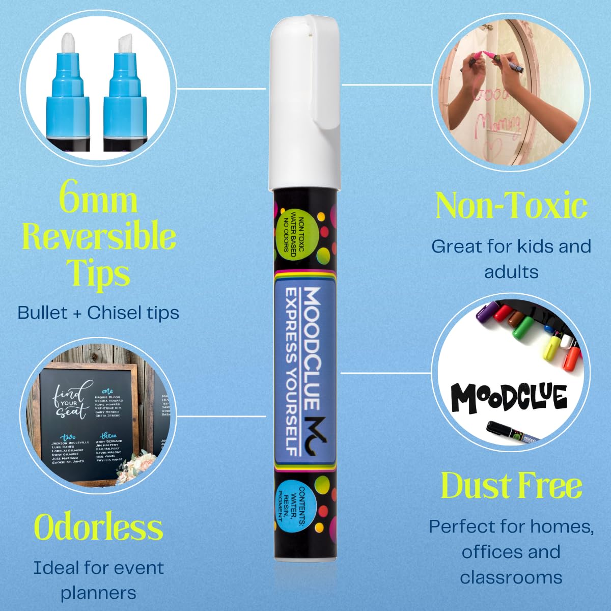 MoodClue Liquid Chalk Markers Neon 12 Pack. Bold Wet & Dry Erase Marker Pens. Erasable and Washable Chalkboard Markers for Windows, Mirrors, Glass, Whiteboards. Reversible Thick and Fine Tip.