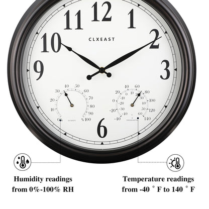 CLXEAST Outdoor Clocks for Patio Large Waterproof with Thermometer,18 inch Outdoor Wall Clock with Temperature and Humidity Combo,Weatherproof,Oil Rubbed Bronze,Spring Garden Decor