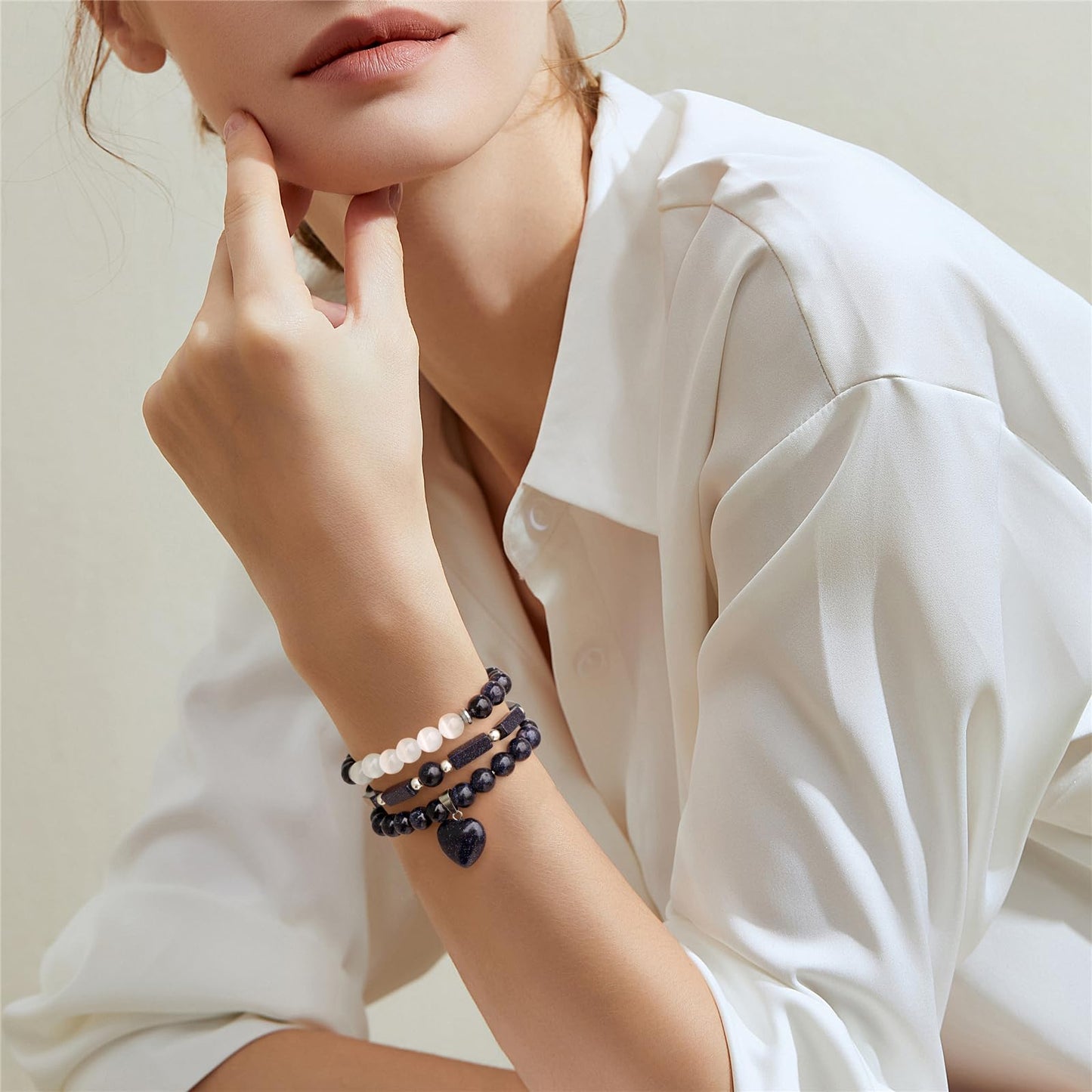 Vinswet Healing Crystal Beaded Bracelets for Women,Natural Blue Sandstone Moonstone Gemstones Bracelet,Anxiety Stress Relief Heart Charm Bracelet Handmade Blue Jewelry Gifts for Women (3pcs)