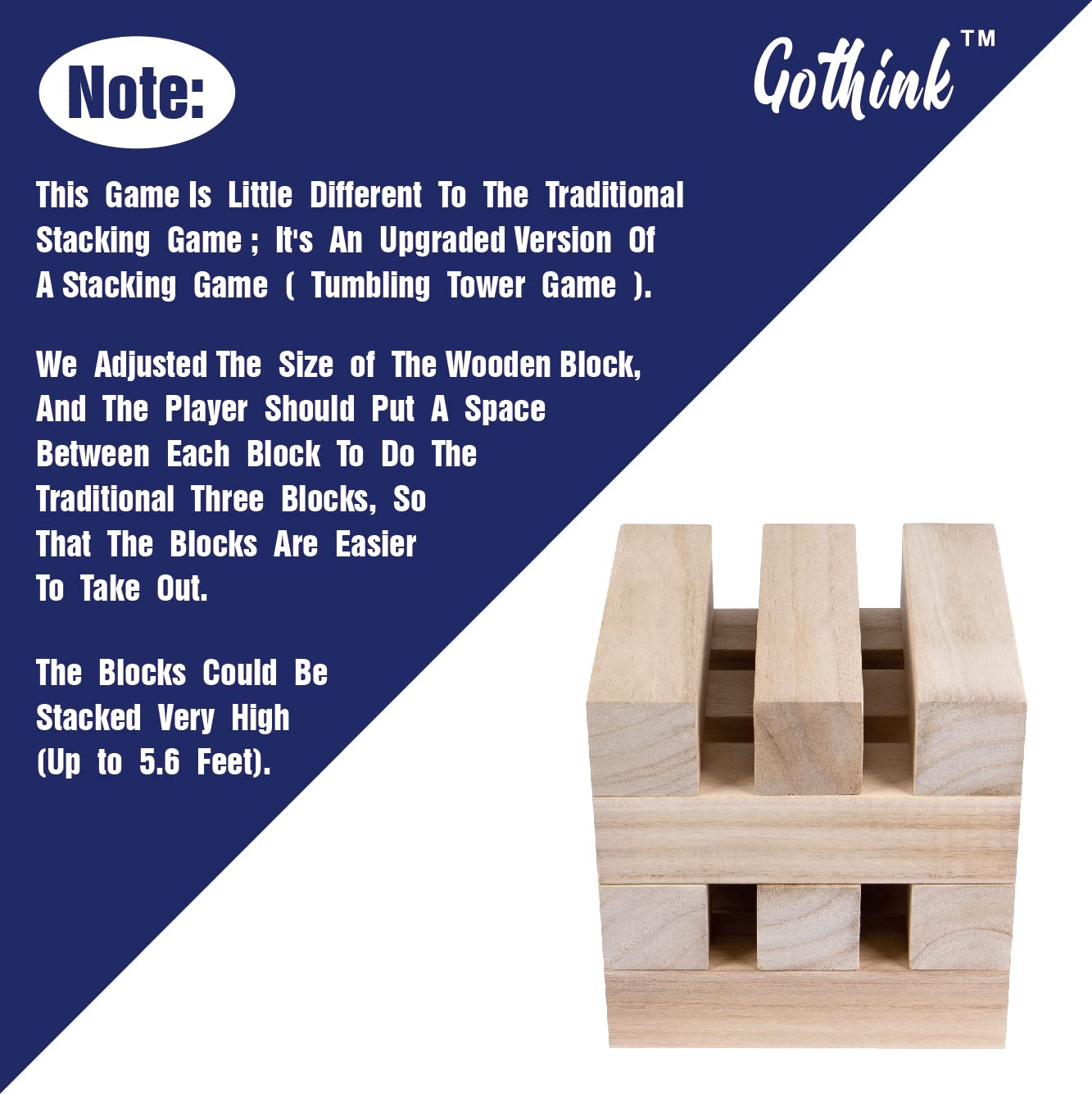 GOTHINK Giant Tumbling Tower Game, Super Large 51pcs Wooden Blocks Stacking Game, Stacking to Over 6 Feet, Jumbo Timber Blocks with Carry Bag, Jumbo Outdoor Indoor Game Toy Gift for Kids and Adults