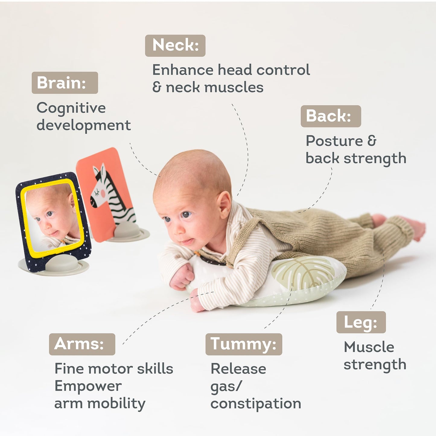 Taf Toys Tummy Time Set with Ergonomic Toy, Double-Sided High Contrast Black & White Flash Cards & Mirror Card, Developmental Baby Play Mat Accessories & Card Stands for Newborn Infant Tummy Time