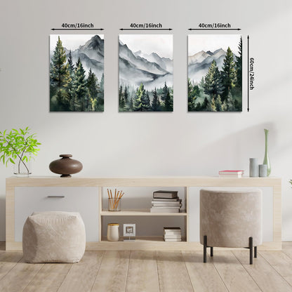 WANGTIAO 3 Panels Framed Canvas Wall Art for Living Room, Abstract Mountain Forest Views Ink Wall Decor for Dedroom Office Wall Paintings Green Landscape Art Prints Pictures Ready to Hang 12"x16"x3