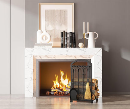 Lizh Metalwork Fireplace Log Holder with Fireplace Tools, Wrought Iron Indoor Stove Accessories Firewood Rack Holder Lumber Storage Stacking Log Holder Log Bin with Tongs Shovel Poker and Brush
