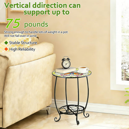 Arbuxzuy 12 Inch Small Outdoor Side Table with Colorful Butterfly, Glass Mosaic Patio Table Indoor, Round Plant Coffee Table for Living Room, Balcony, Garden（Butterfly Style）
