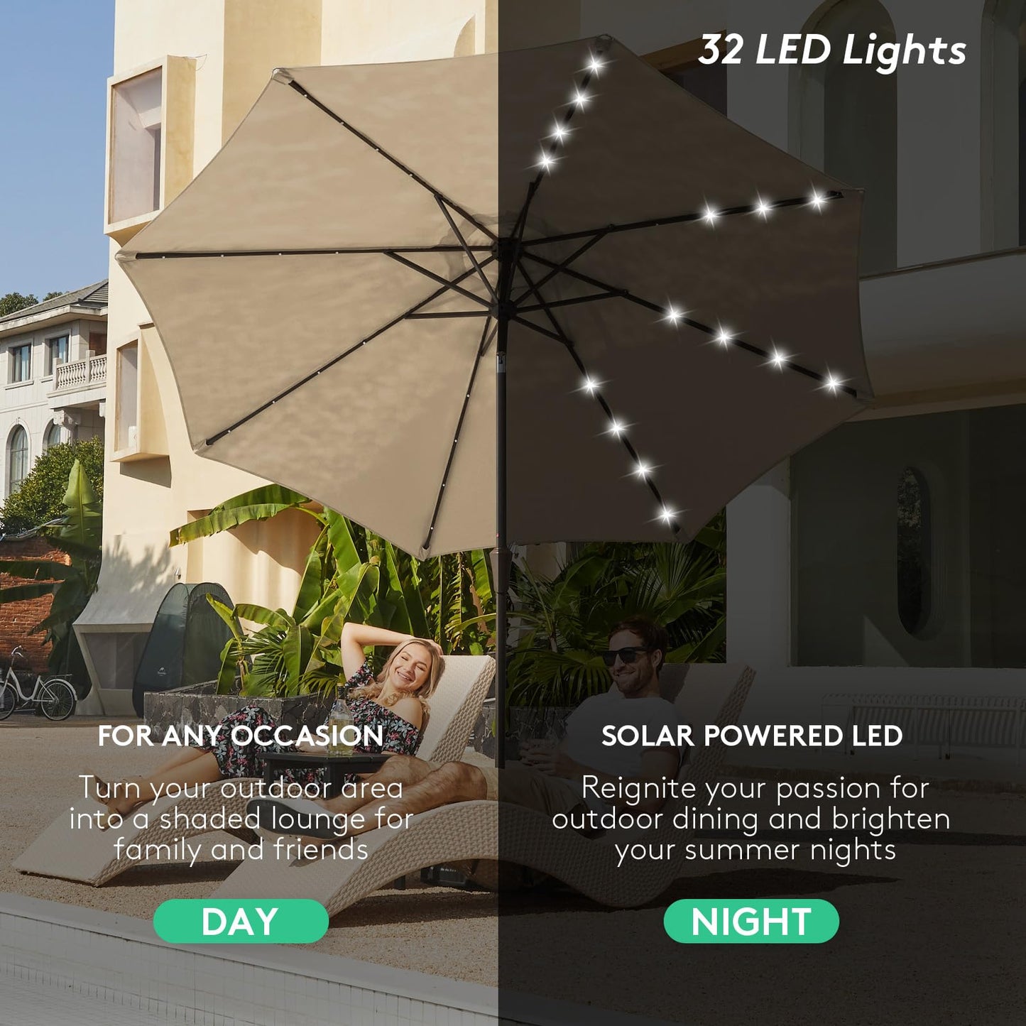 JEAREY 9FT Outdoor Patio Umbrella with Solar Lights, LED Lighted Pool Umbrella with Tilt and Crank, Outdoor Table Umbrellas for Deck, Yard & Market (Beige)