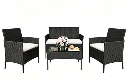 GAOMON 4 Piece Patio Furniture Set, Modern Patio Conversation Set with Glass Coffee Table, PE Wicker & Cushions for Poolside, Deck, Balcony, Black & Beige