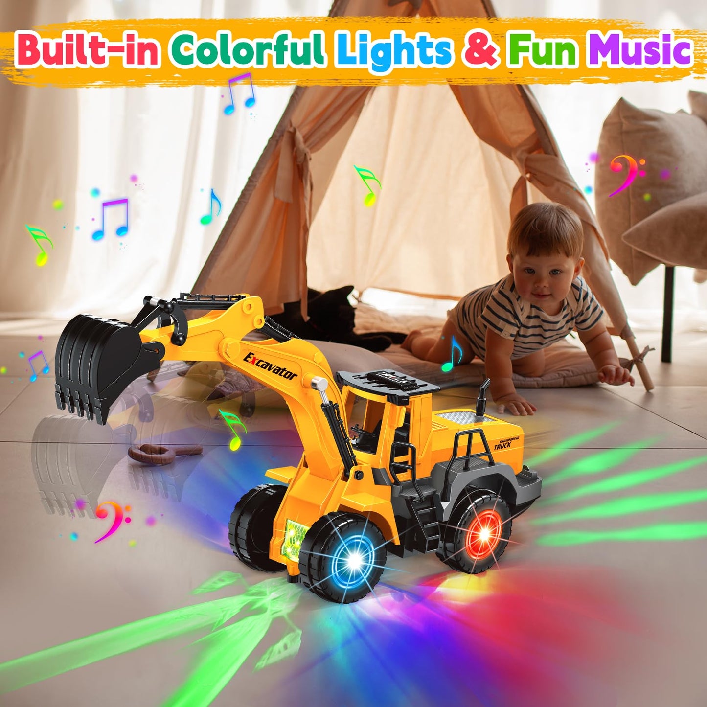Car Toys for Toddlers, Excavator Toy with 2 Flashing Lights Music, Toy Trucks Construction Vehicle with 1 Moving Arm, Baby Toys for 3 4 5 6 Year Old Boys, Kids Valentine's Day Easter Birthday Gifts