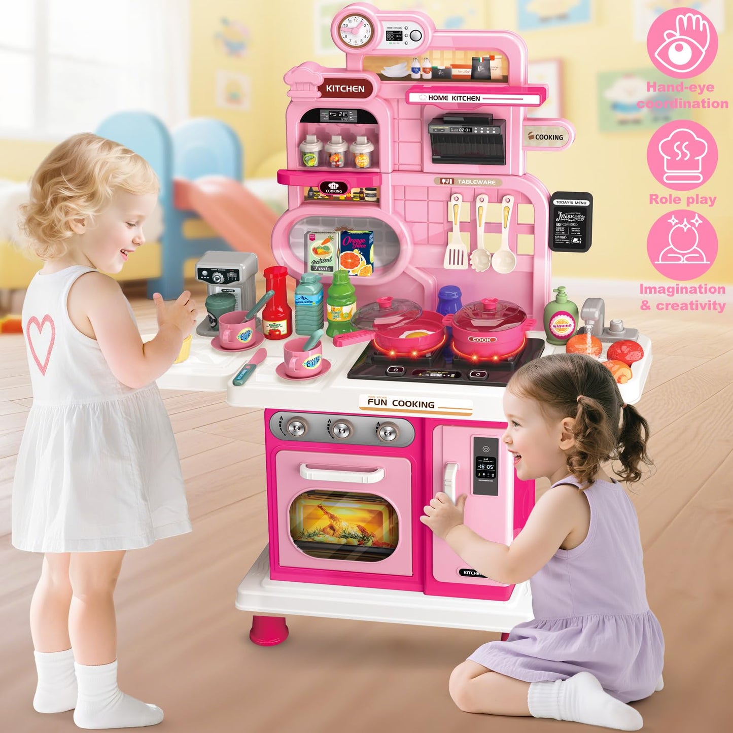 Play Kitchen Set, Kids Kitchen Playset with Realistic Sound & Light, Cooking Stove, Sink, Play Food and Accessories, 57 Pcs Kitchen Toys Gifts for Toddlers 2-4 3-5 Girls (Pink)