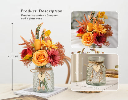 COZZI CODI Artificial Flowers with Vase, Faux Silk Flowers Arrangement in Vase, Rustic Home Office Decorations, Farmhouse Dining Table Decor, Coffee Table Centerpiece, Fall Table Plant Decor