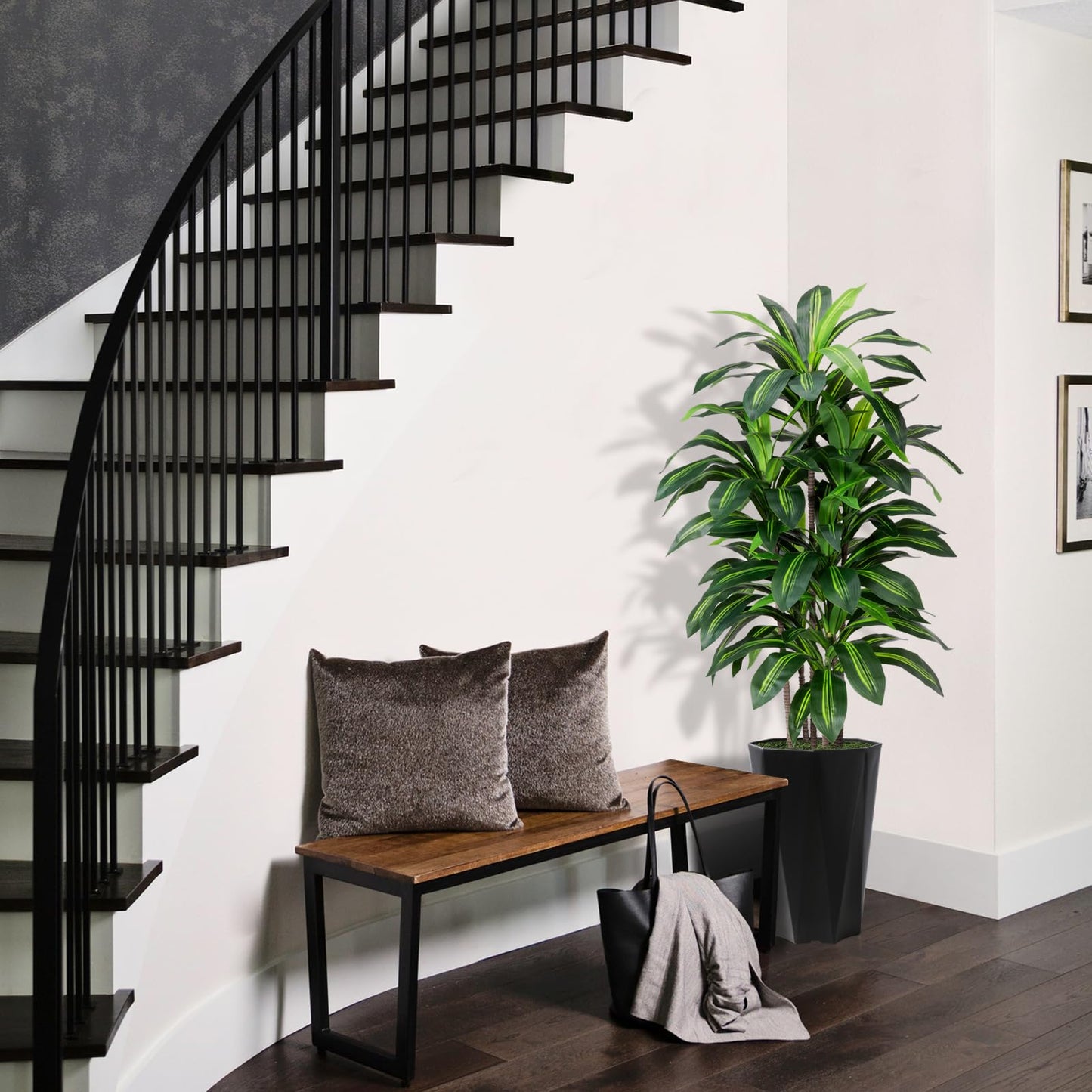 Artificial Dracaena Tree 5FT - Faux Plant with Black Diamond Planter - Tall Fake Tropical Yucca Floor Plant Potted - Artificial Silk Tree for Home Office Living Room Decor Indoor