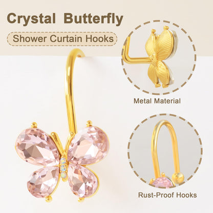 LUMITI Shower Curtain Hooks,12Pcs Rust Resistant Glitter Crystal Butterfly Metal Decorative Shower Rings Hangers for Bathroom Curtains, Clothing, Towels (Pink)
