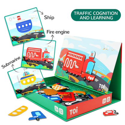 Toi Kids Magnet Toys Magnetic Jigsaw Puzzle Boxes with Game Board for Kids Ages 3-8, Portable Travel Game, Transport