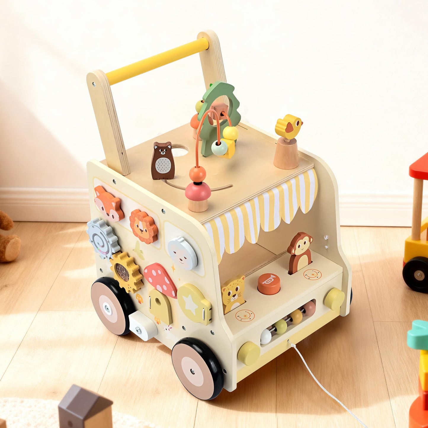 Pithfor Wooden Activity Cube Push Walker, Wooden Baby Walker, Montessori Toys for Babies 10-12 Months 1 2 3 Years Old Boys & Girls, Help Learning to Walk & Sit-to-Stand