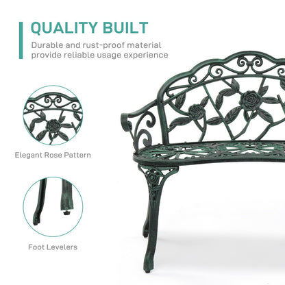 VINGLI 38.5" Patio Park Garden Outdoor Metal Rose Bench, 2-Person Cast Iron Cast Aluminium Frame Antique Finish Chair,Accented Lawn Front Porch Path Yard Decor Deck Furniture (Green, Rose)