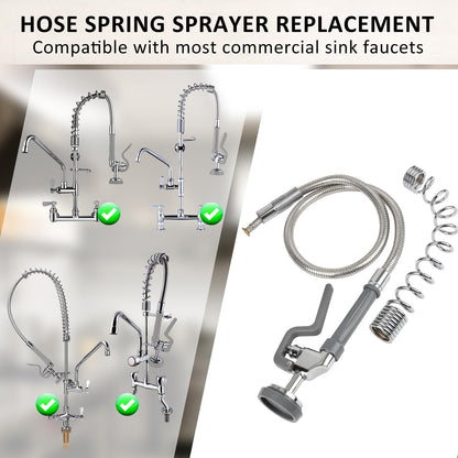 Spray Valve with 44inch Flexible Hose & Pre Rinse Spring Replacement Kit for Commercial Kitchen Sink Faucet 1.42GPM High-Pressure Restaurant Dish Sprayer Stainless Steel Hose & Overhead Spring (Grey)