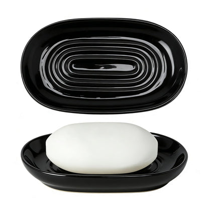 Cbrytacs Ceramic Soap Dish,with Raised Center to Keep Soap Dry - A Quick-Drying Soap Tray for Bathroom, Shower & Kitchen Sink, Decorative Organizer for Jewelry, Sponges, Keys (Black)