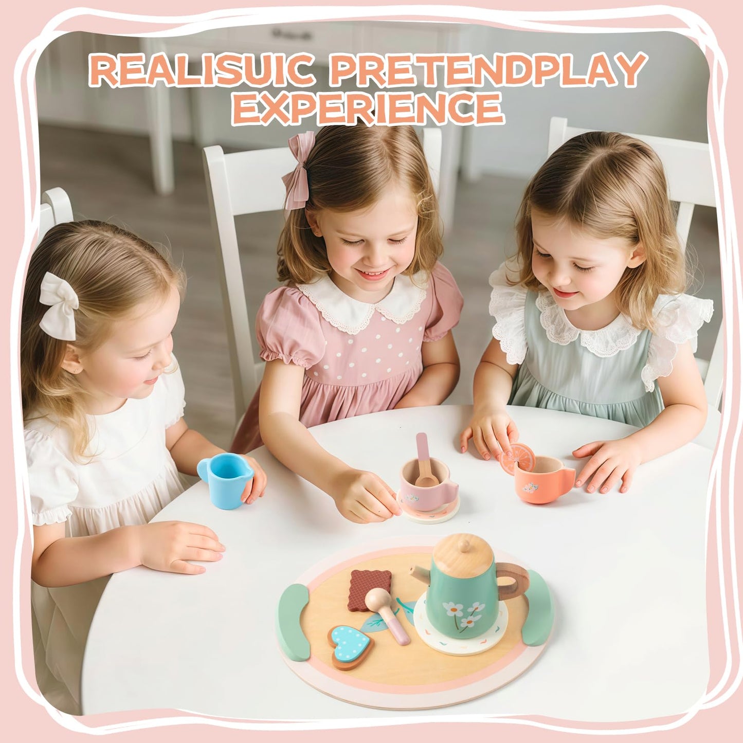 KDSFT Tea Party Set for Little Girls, Wooden Kids Tea Set with Teapot Cups Coasters Carrying Dessert, Picnic Outdoor Toys Pretend Play Kitchen Accessories for 3 4 5 Years Old