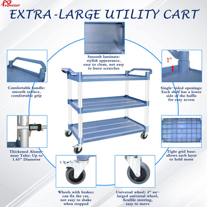 AQNIEGEP Utility Carts with Wheels, Large Food Kitchen Cart Heavy Duty, Rolling Service Cart w/Hammer for Restaurant, Office, Commercial, 600lbs Capacity, Lockable Wheels, 3-Tier