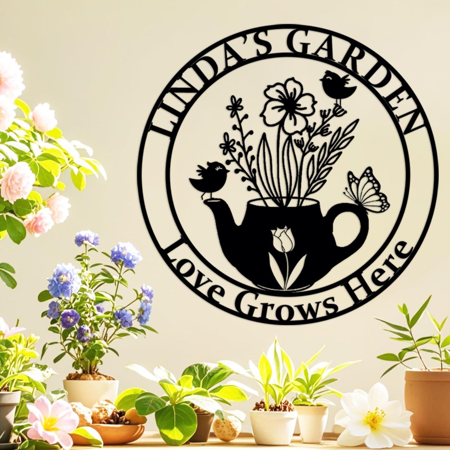 Personalized Flowers Metal Garden Sign,Custom Name Sign Garden Wall Art Decor,Garden Plaque Decor,Garden Signs with Name and Date,Birds Metal Sign for Home Wall Hanging Outdoor Decorate Flower cup