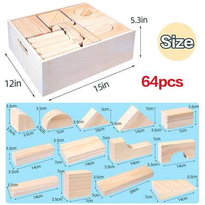 Large Wood Building Blocks with Wooden Storage Tray, 64-Piece Hardwood Sorting & Stacking Toys for Building & Balancing, Educational Preschool Learning Toys for 3+ Year Old Boy and Girl Gifts