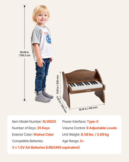 VEVOR Kids Piano Keyboard, 25 Keys Wooden Digital Piano for Kids, Mini Music Educational Instrument Toy with Realistic Sound, Dual Power, Adjustable Volume for Toddlers, Boys Girls Learning, Walnut
