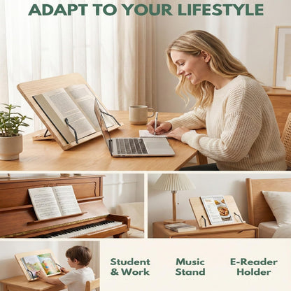 Reading Rack Wooden Bookshelf - Book Stand Foldable with 8 Adjustable Positions and Page Clips,Suitable for cookbooks、iPads、laptops、Sheet Music、and Reading Stands (15x11.4inch)