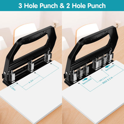 AFMAT 3 Hole Punch Heavy Duty, 9/32" Holes, 50-Sheet Hole Puncher 3 Ring, 50% Reduced Effort, Adjustable Two & Three Hole Punch, Metal Paper Puncher w/Large Chip Tray, Metal Paper Guide, Black, HP18