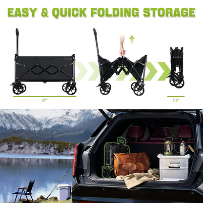 Collapsible Folding Wagon Cart with Wheel - 360LBS Heavy Duty Foldable Wagon Carts with All Terrain Wheels & breakes, Portable Lightweight Wagon Cart for Sports/Groceries/Camping/Fishing/Gardening