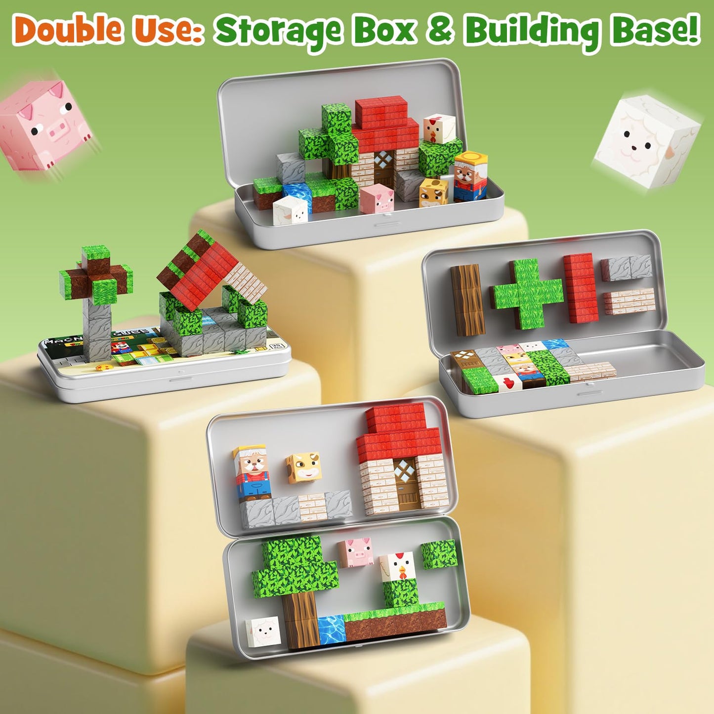 hunloot Mini Magnetic Blocks Farm Animals Travel Toys, 35PCS Portable STEM Magnetic Building Cubes with Metal Storage Box for Kids Ages 4-8, Road Trip & Airplane Essentials