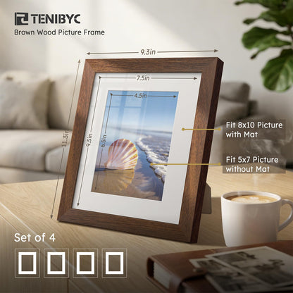 TENIBYC 8x10 Picture Frame Set - 4 Pack, Brown Solid Wood Photo Frames - Tempered Glass - Displays Photos 5x7 with Mat or 8 x 10 without - Room, Office, Gallery, and Hallway Decor - Wall Hanging