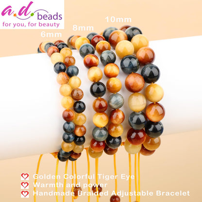 AD Beads 8mm Golden Colorful Tiger Eye - Warmth and power - Handmade Natural Stone Crystal Bracelet with Adjustable Macrame String - Yoga Healing Power Energy Gifts for Men and Women