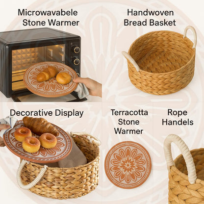 Vintiquewise Handwoven Wicker Bread Basket with Terracotta Stone Warmer & Rope Handles for Kitchen Dining Table & Home Party Use Ideal for Sourdough Bread Rolls Snacks & Baked Goods, Floral Design