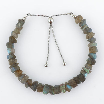 CRYSTALIS Natural Raw Labradorite Rough Stones Bracelet, Rough Gemstones, Chakra Healing Crystals, Gift Giving Jewelry, 925 Sterling Silver Womens Bracelet 8 inch