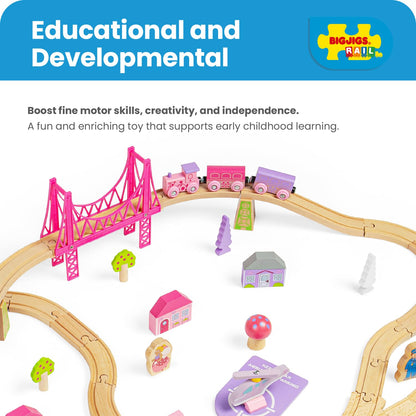 Bigjigs Rail Fairy Town Wooden Train Set | Railway Toy for Kids Age 3+ | Wood Track with Model Fairytale Village | Comes with Pink Wood Accessories & Figures | Educational Gift for Girls and Boys
