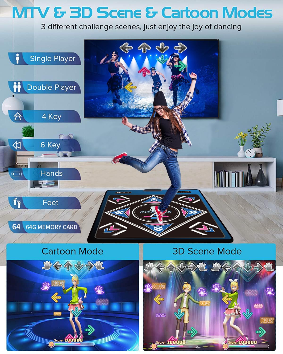 WuZhuangYuan A Single-Person Dance mat with Camera, 64GB Card, 650 Songs, 1000 Games, 81 Music Videos. Luxurious Gift for Boys and Girls, Made of high-Grade Flannel. Suitable for TV use.