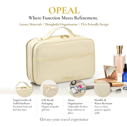 OPEAL 2-in-1 Travel Makeup and TSA Toiletry Organizer for Women – Flexible Compartments, Clear TSA Window, Wipe Clean Vegan Leather, Gift Box Included – Carry-On Approved, Cream