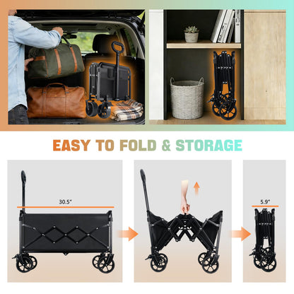 360lbs Foldable Wagon Cart Collapsible - Heavy Duty All-Terrain Portable Lightweight Folding Utility Carts with Wheels, Large Capacity Portable Grocery & Beach Trolley for Shopping, Camping and Sports