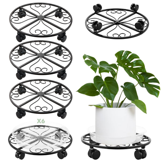 lucpur 6 Pack Metal Plant Caddy with Wheels, 12 Inch Plant Stand with Wheels Heavy Duty Wrought Iron Rolling Plant Caddy Plant Dolly Plant Rollers Plant Cart Large Plant Mover