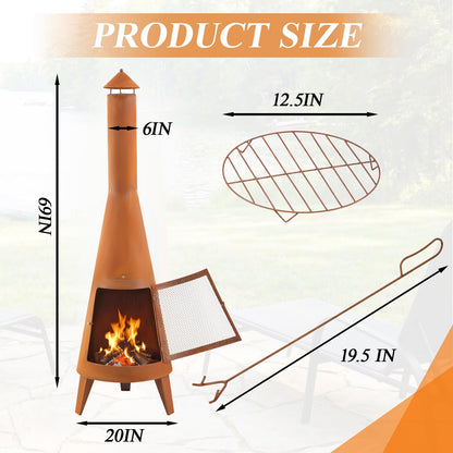 Ferrochef 70 Inch Country Outdoor Chiminea Fireplace Heavy-Duty Steel Wood-Burning Chiminea Fire Pit with Wire Mesh Cover