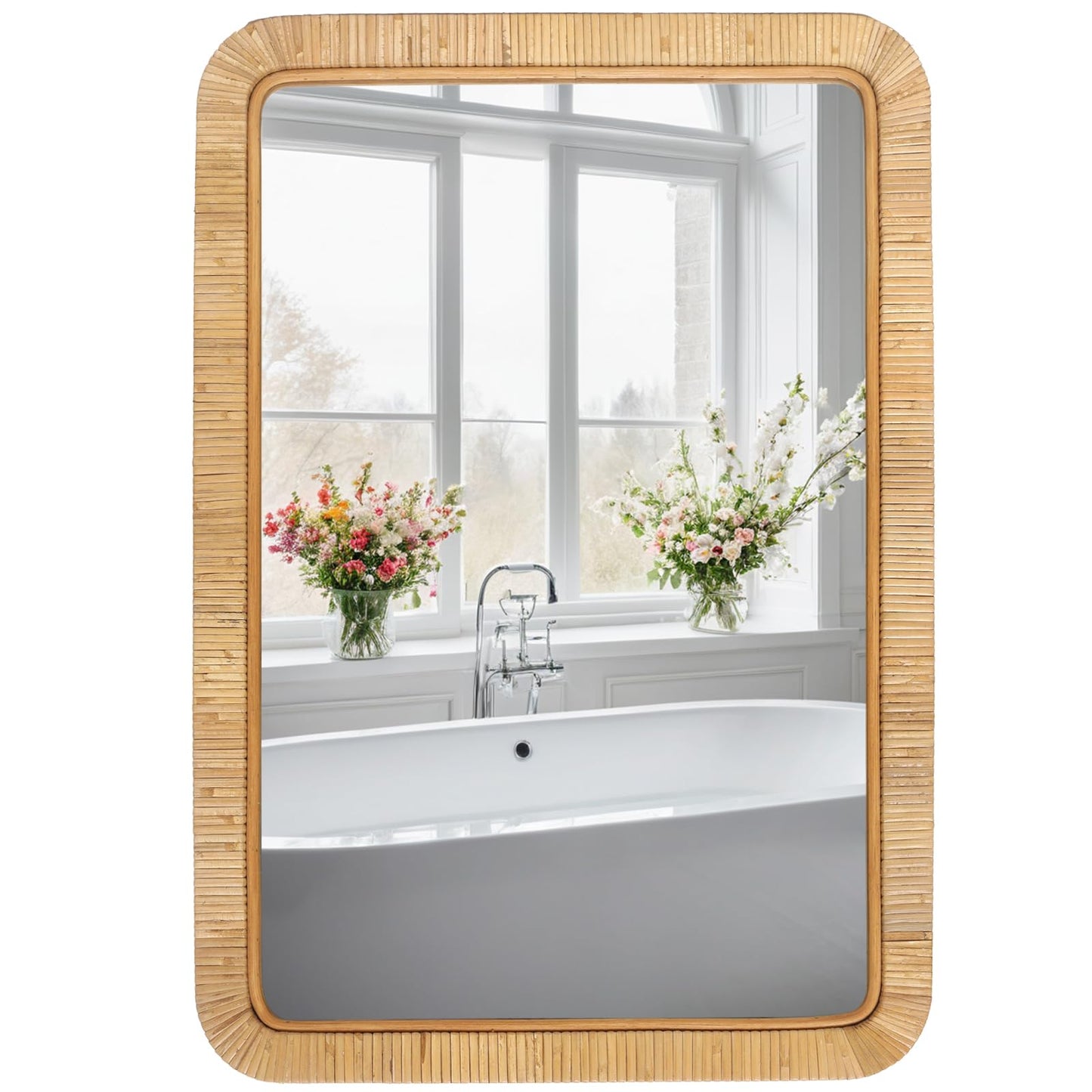 FUIN 20" x 30" Rattan Wicker Rectangle Wall Mounted Bathroom Mirror for Coastal Boho Nursery Decor, Natural