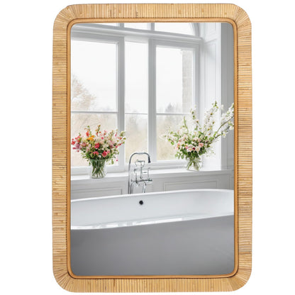 FUIN 20" x 30" Rattan Wicker Rectangle Wall Mounted Bathroom Mirror for Coastal Boho Nursery Decor, Natural