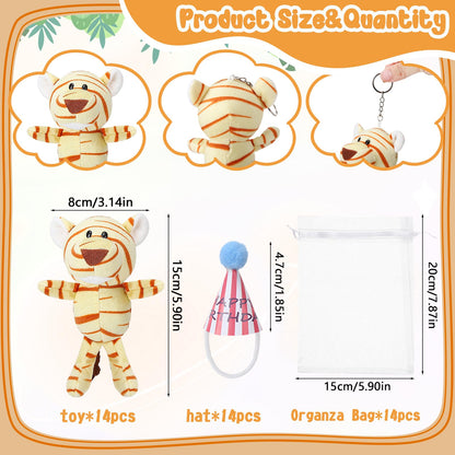 Guiqulai 14 Pcs Mini Jungle Animal Plush Toys Set, Including 14 Pcs Stuffed Safari Forest Animals with Birthday Hats, Organza Bag for Birthday Favor Theme Party