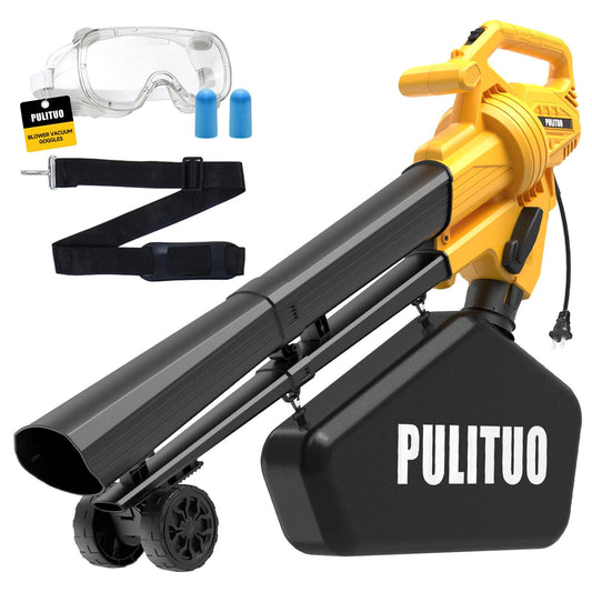 PULITUO 3 in 1 Electric Leaf Blower Vacuum Mulcher with Bag, 530CFM & 170MPH Leaf Vacuum Corded Blowers for Lawn Care, 15:1 Powerful Leaf Mulcher with Shoulder Strap (Yellow)
