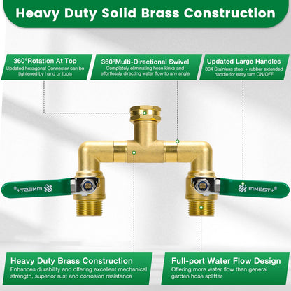 2 Way Brass Garden Hose Splitter Heavy Duty, 360° Rotatable Y Valve, Full Flow Large Ball Valve, 304 Stainless Steel Long Handle, 3/4" GHT Thread for Outdoor Faucet Lawn Irrigation Car Wash